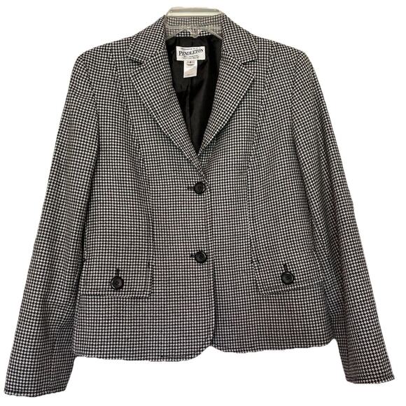 Vtg Pendleton Womens Sz 6 Blazer 100% Virgin Wool Black Houndstooth Short Jacket - Picture 1 of 16